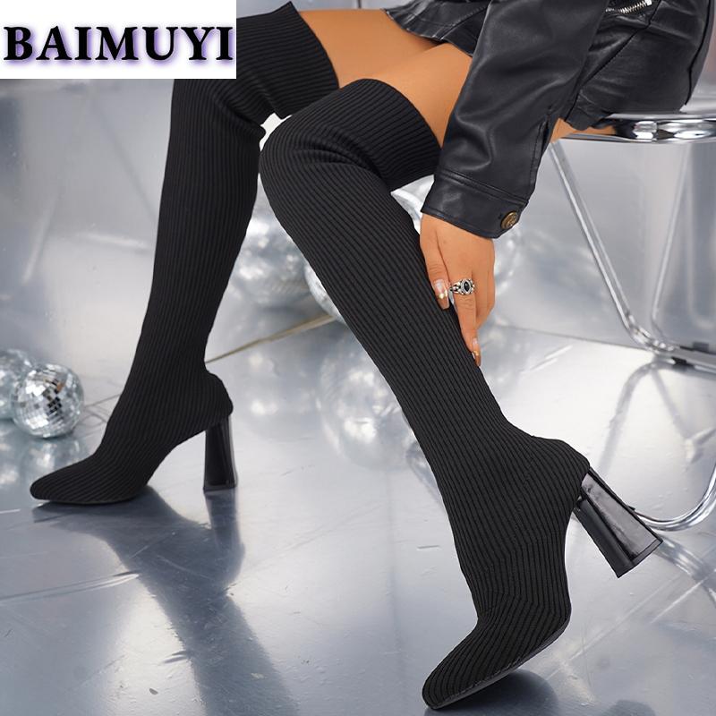Вязаные женские сапоги-носки выше колена с острым носком на высоком каблуке 2025 года, сексуальные массивные дизайнерские сапоги-лодочки Chelsea Snow