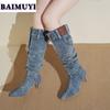 Модные женские ботфорты с острым носком в ковбойском стиле, дизайнерские туфли-стилетто, сексуальная обувь, 2024, зима, джинсовые туфли-лодочки из денима, Mujer Zapatos