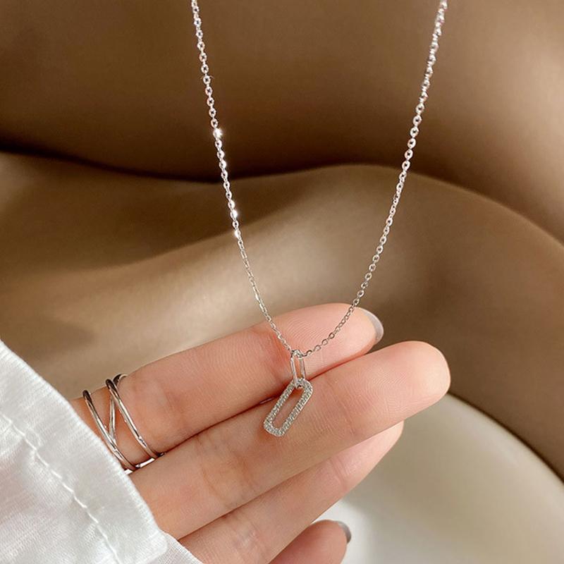 Ожерелье из стерлингового серебра 925 пробы с цирконием, геометрическое двойное прямоугольное ожерелье для женщин, модная цепочка на ключицу, простые ювелирные изделия