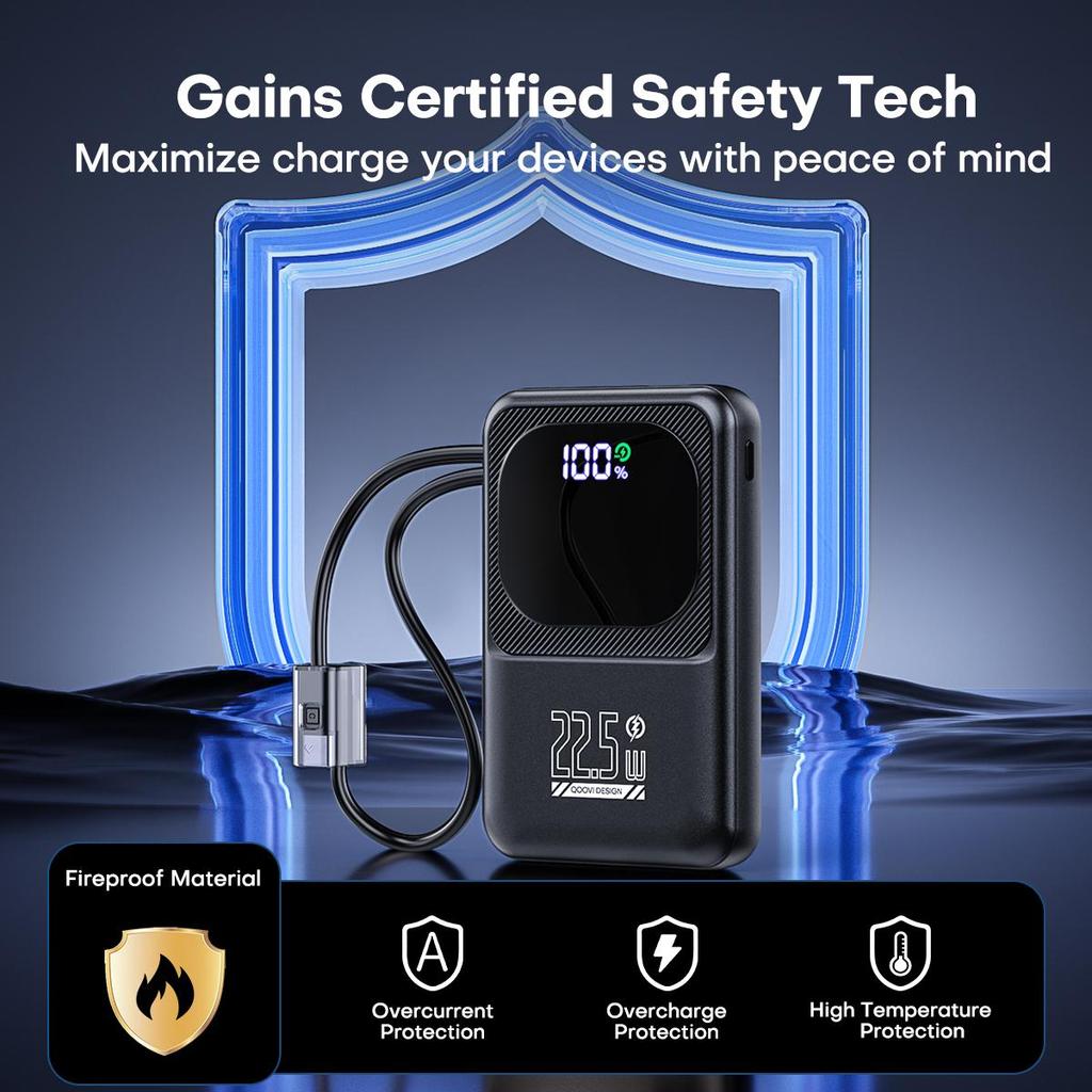 QOOVI Powerbank Ultra-Slim 10000 мАч встроенный кабель 22,5 Вт быстрая зарядка портативный внешний аккумулятор для Samsung S23 Xiaomi iPhone