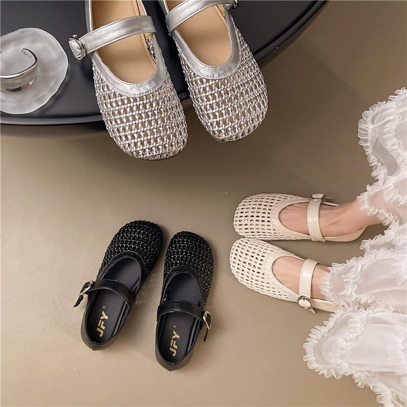 Mary Jane Single Shoes Women's Summer New Hollow Fishing Net Crocheted Silver Light Mouth Beanie Shoes Women's Shoes