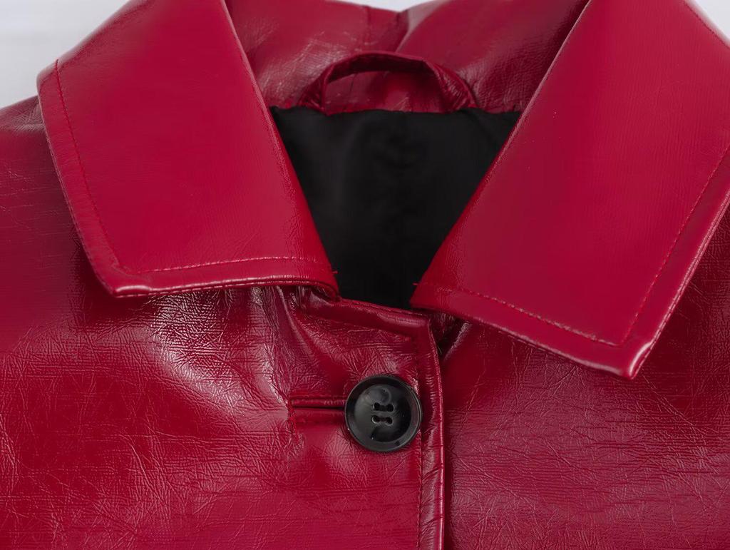 2025 Весенняя женская красная глянцевая кожаная куртка с лацканами – Европейский и американский стиль