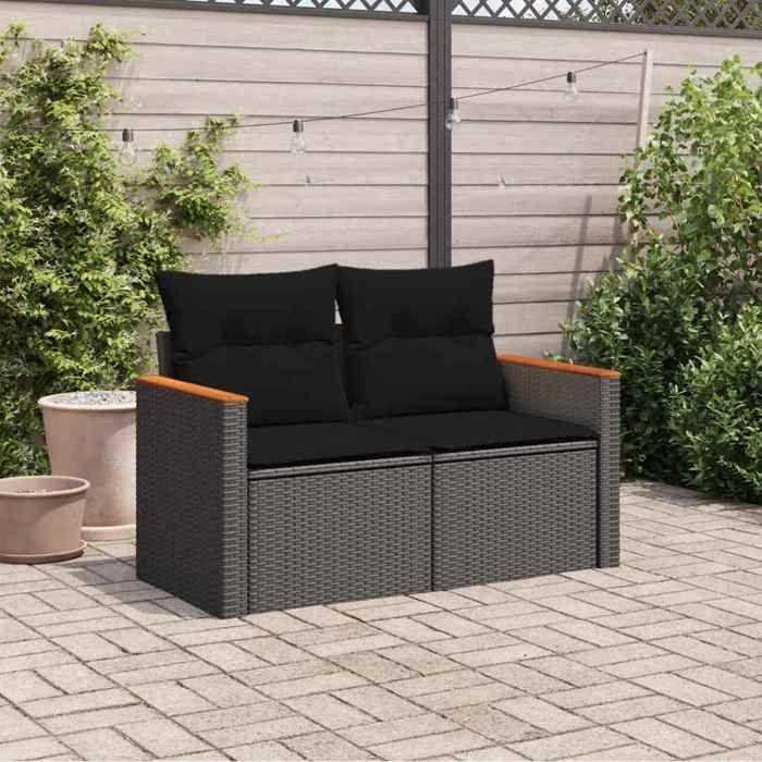 VidaXL Canapé de Jardin avec Coussins 2 Places, Siège avec Accoudoirs, Transat avec Dossier, Meuble de Terrasse Patio, Noir 365977