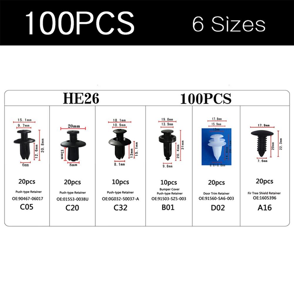 100 шт. автомобильных крепежных зажимов, смешанные автомобильные крепежи, дверная обшивка, панель, бампер, заклепки C05 C20 C32 B01 D02 A16, заклепки