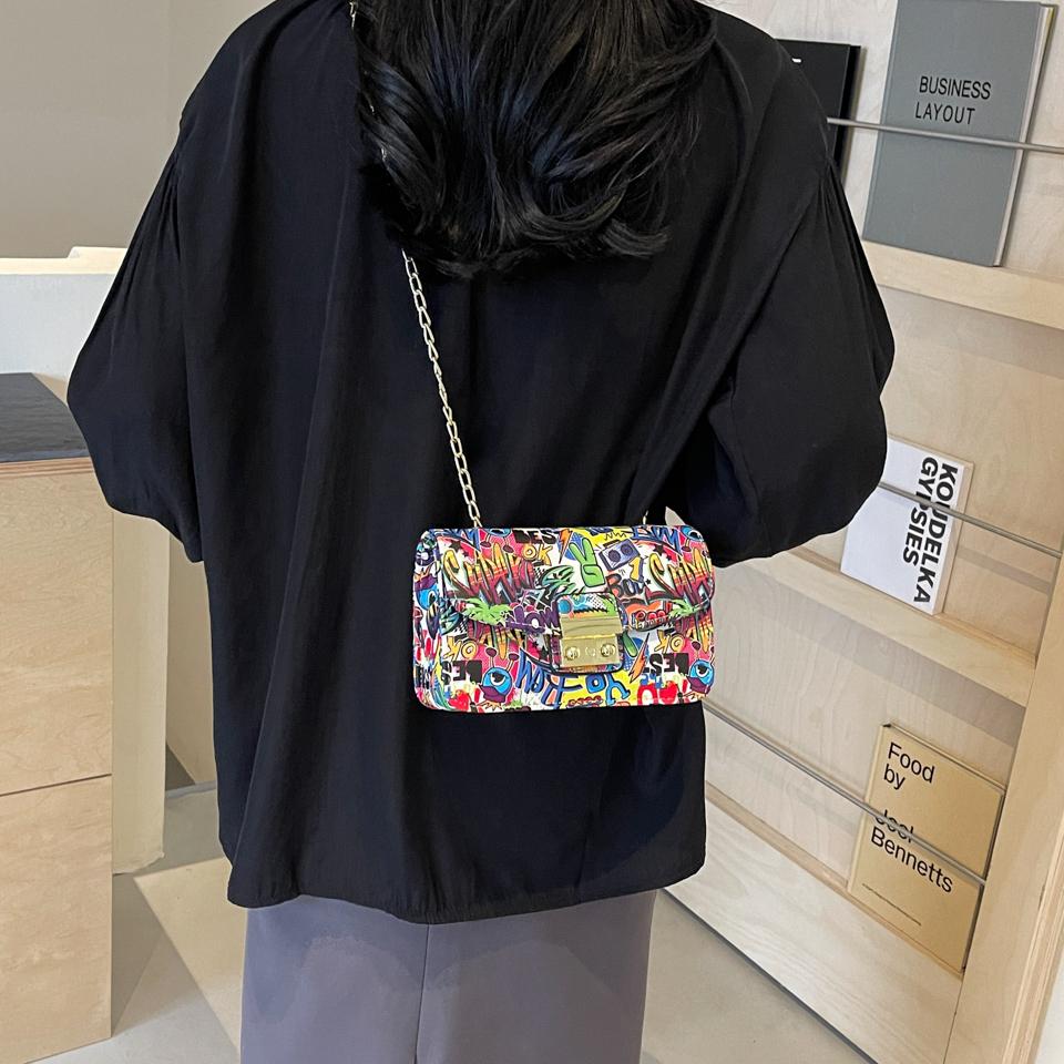 Женская мода Граффити Маленькая сумка 2024 Лето Дамы Клапан Телефон Вечерний Клатч Кошелек Сумки Через Плечо Для Женщин Цепи Сумки На Плечо