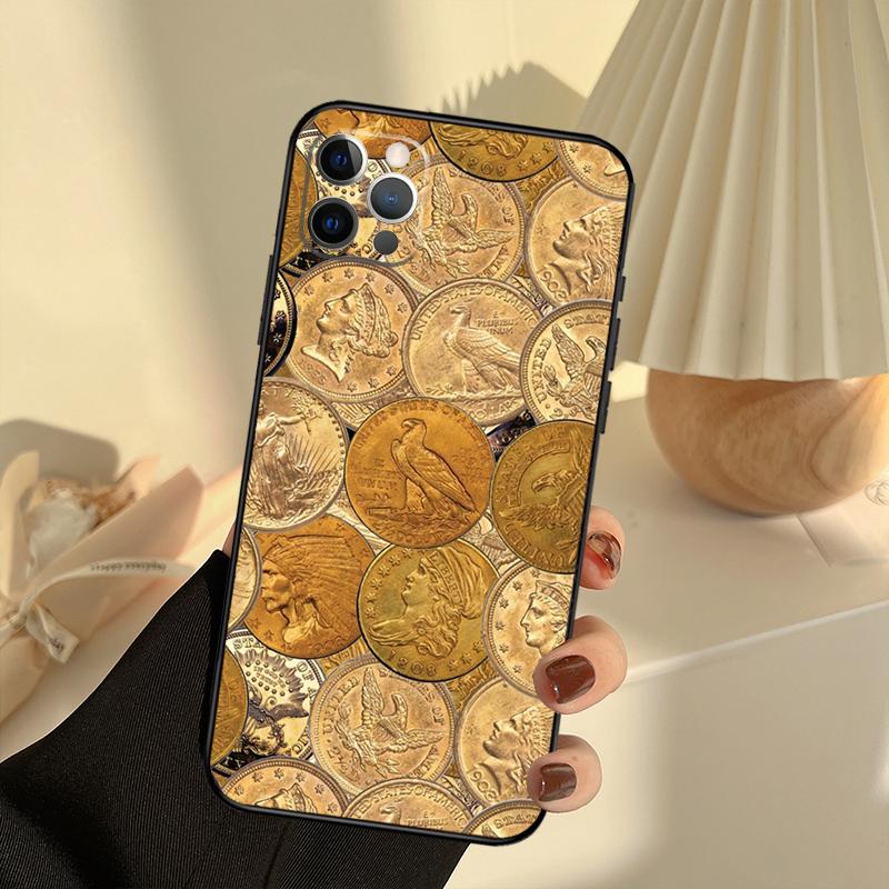 Деньги Доллары Монета Золотой Чехол для Телефона Для iPhone 17 16 15 14 13 11 12 Pro Max 13 mini 15 16 Plus 16e 17 Air Cover Funda