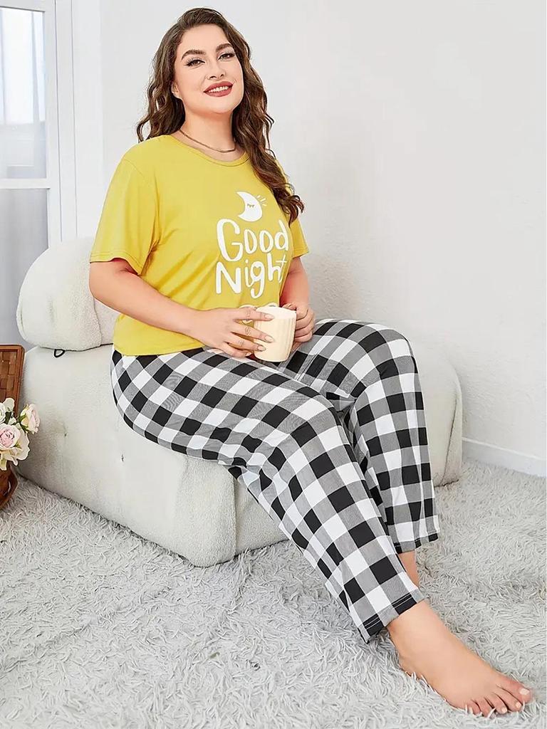 Комплект женской пижамы больших размеров 2024 - Полосатые клетчатые брюки и топ с водяным знаком