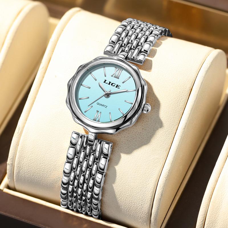 LIGE Fashion Quartz Women Watch Simple Elegant Square Dial Gold Stainless Steel Strap Waterproof Leisure Business Watches+Box
