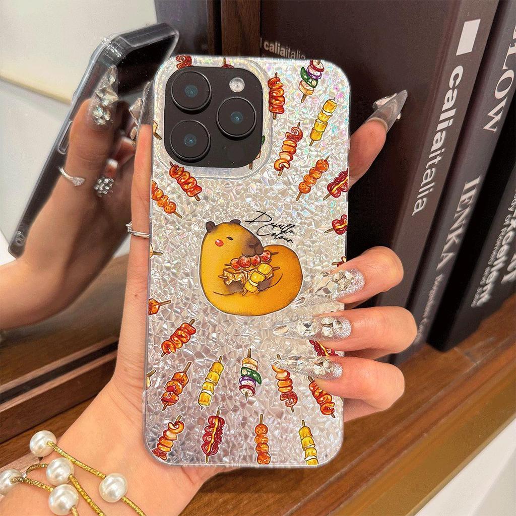 Phone Case for iphone 12 16 Plus 15 Air 18 Pro Max 11 17 Pro XS Max 14 XR 13 Capybara & Kebabs Silver Cracked Texture Shockproof Cover