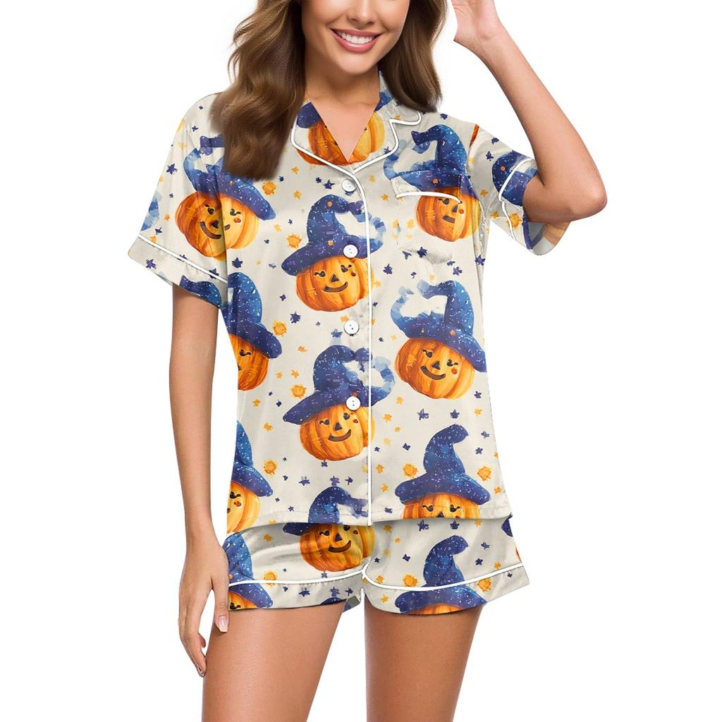 Женский повседневный модный домашний костюм с принтом на Хэллоуин, с коротким рукавом