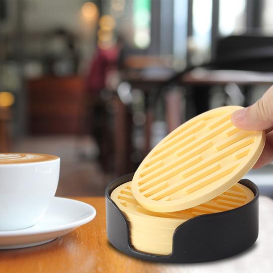 6Pcs Silicone Coasters Set with Holder Non-Slip Cup Mat Drinks Desk Home Decor Tabletop Protection Round Hot Cold Drink Coasters for Wood Glass