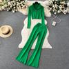 European and American Fashion Knitwear Suit Women's Long Sleeve Short Crop Top Tight Hip Wrap High Waist Slightly Flared Long Pa