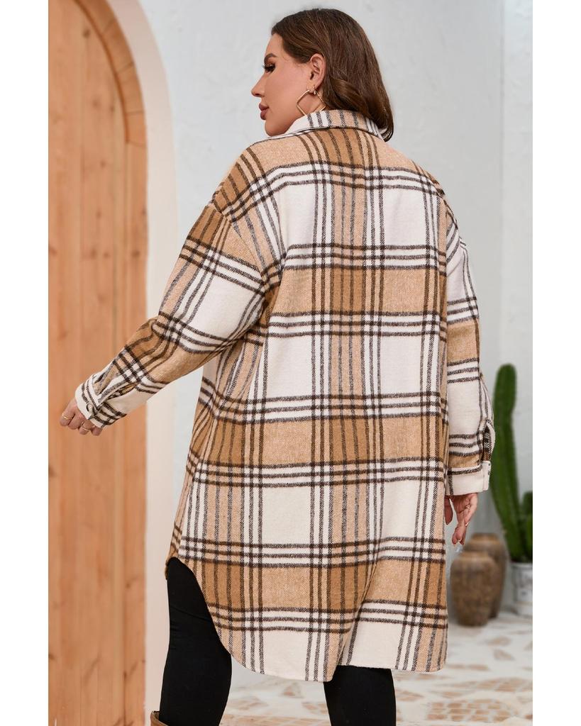 Azura Exchange Khaki Plus Size Plaid Chest Pockets Long Shacket
