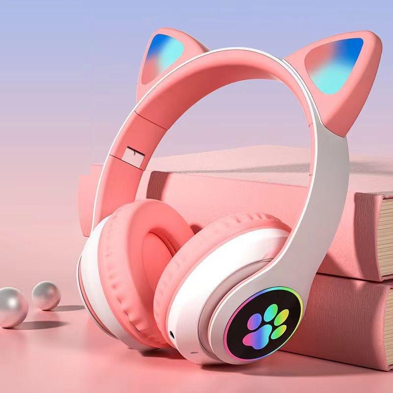 Светящиеся Bluetooth-наушники с кошачьими ушками, гарнитура с шумоподавлением, беспроводные складные игровые наушники для мобильного телефона