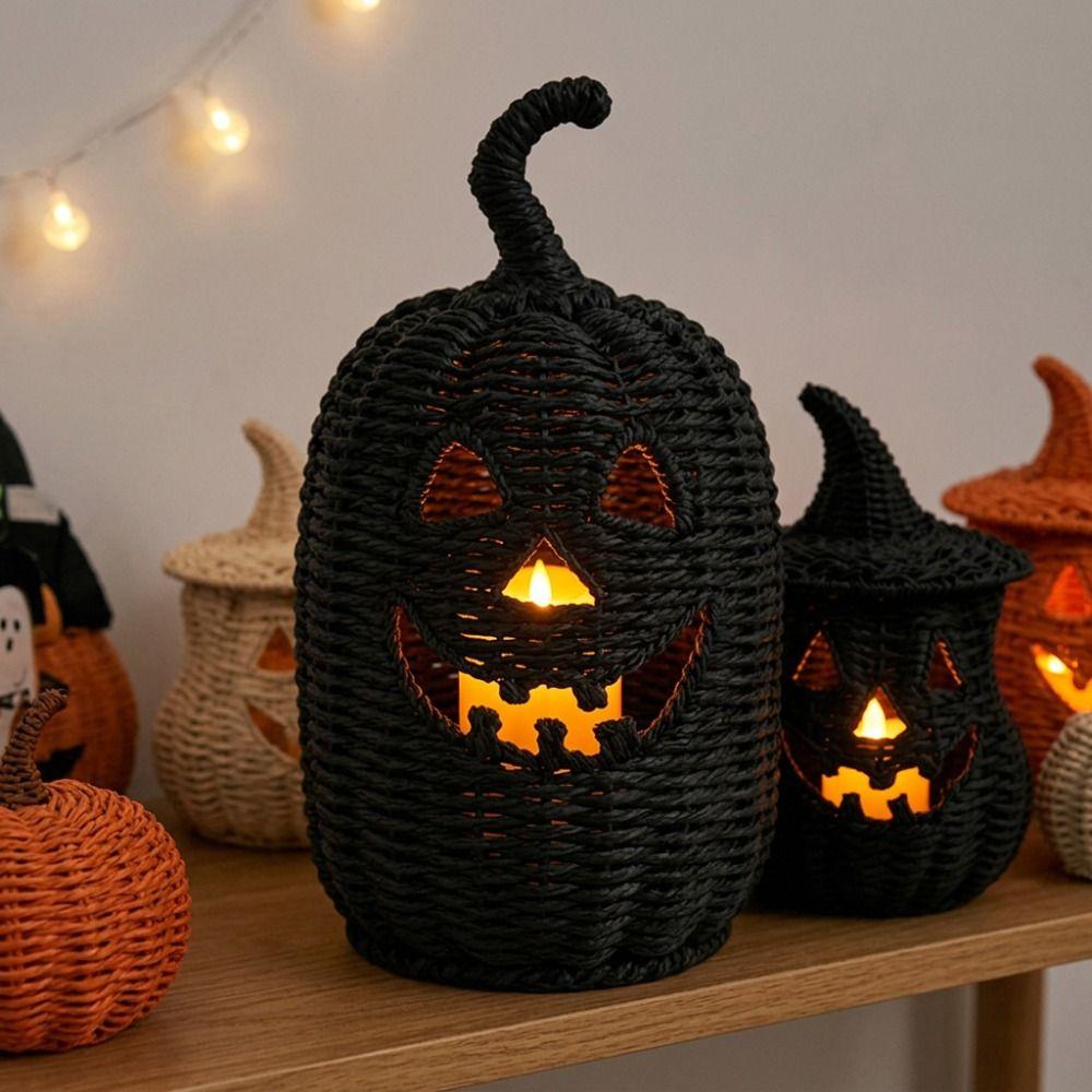 with Witch Hat Halloween Pumpkin Statue Woven Texture Pumpkin Candle Holder Desk Display