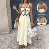 Women Bow Spaghetti Strap Midi Dress A Line Flared Cocktail Party Dress with Contrast Black Trim Beige