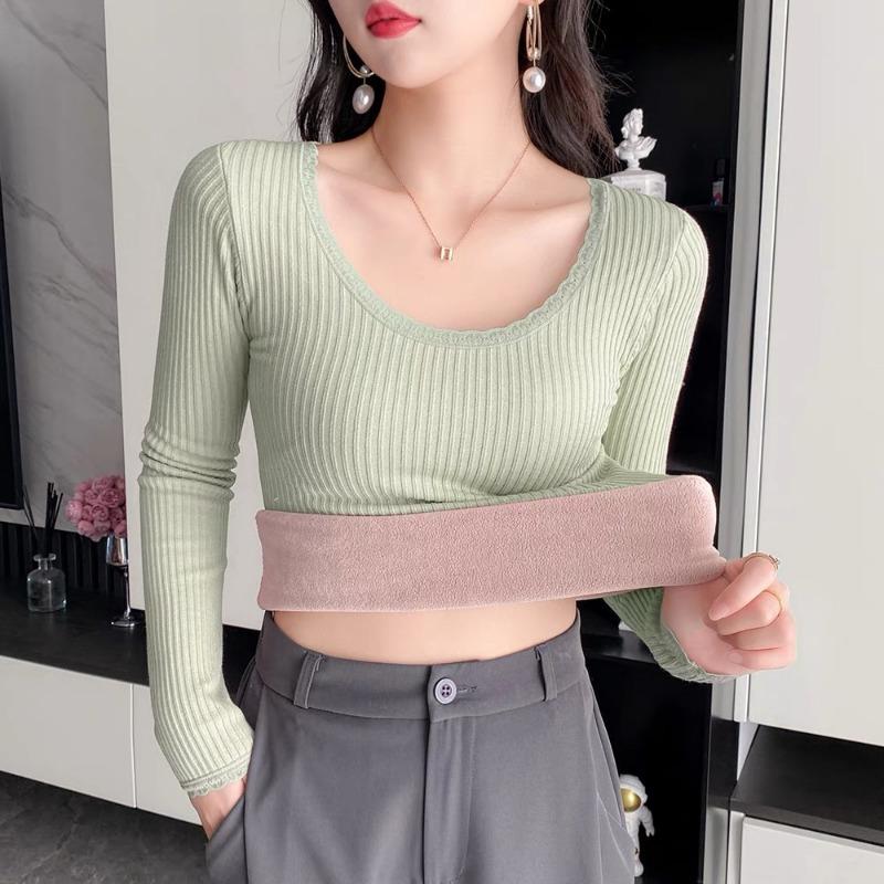 Lamb Wool Warm Top Women's Winter New Style Plus Fleece Thickened Inside with Autumn Clothing Elastic Slim-fit Undershirt Underwear Tide