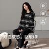 Пижама из полуфлиса женская осенне-зимняя фланелевая утолщенная флисовая коралловый флис домашняя одежда в полоску с круглым вырезом теплый костюм