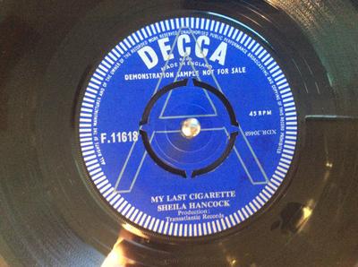 7-дюймовая пластинка ШИЛА ХЭНКОК - Моя последняя сигарета F11618PROMO Decca 1963 UK Поп Б/У
