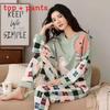 Cute Cartoon Long Sleeve Pajama Set Polyester Lounge Wear For Teen Girls