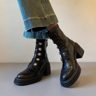 Мода Модные Повседневные Женские Ботинки 2024 Новые Зимние Ботинки с Металлической Кнопкой и Круглым Носком на Толстом Каблуке Однотонные Застежка-молния Сзади Botas De Mujer
