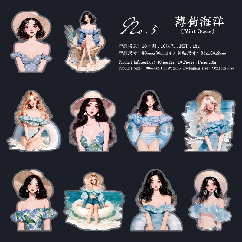 10 pcs Vintage Large size Summer Girl Stickers pack Decorative Scrapbooking Diary Album hand made junk journal supplies