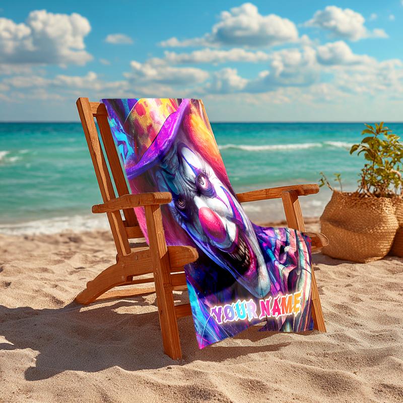 1PC Custom Name Colorful Clown Carnival Beach Towel Highly Absorbent And Sand-Resistant Towel for Swimming, Pool, Yoga, And Travel Lightweight