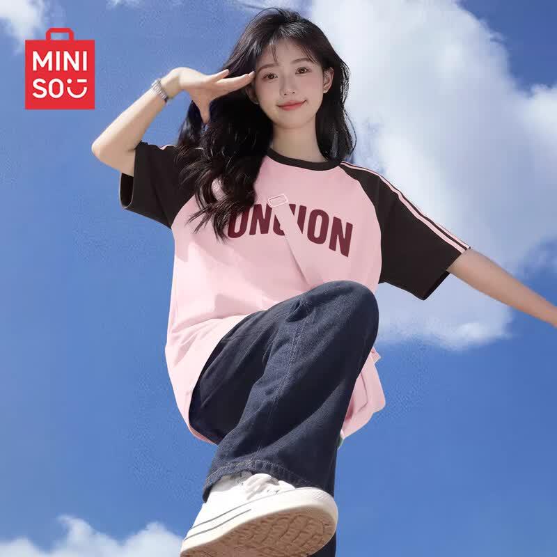 MINISO Женская футболка с цветными блоками и рукавами реглан