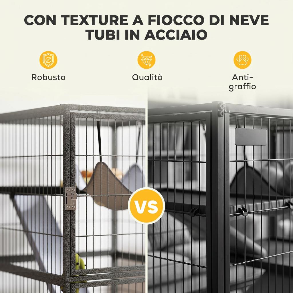 4-Tier Small Animal Cage with Ramps, Platforms, Hammock and Wheels, 52x52x115 cm, Grey