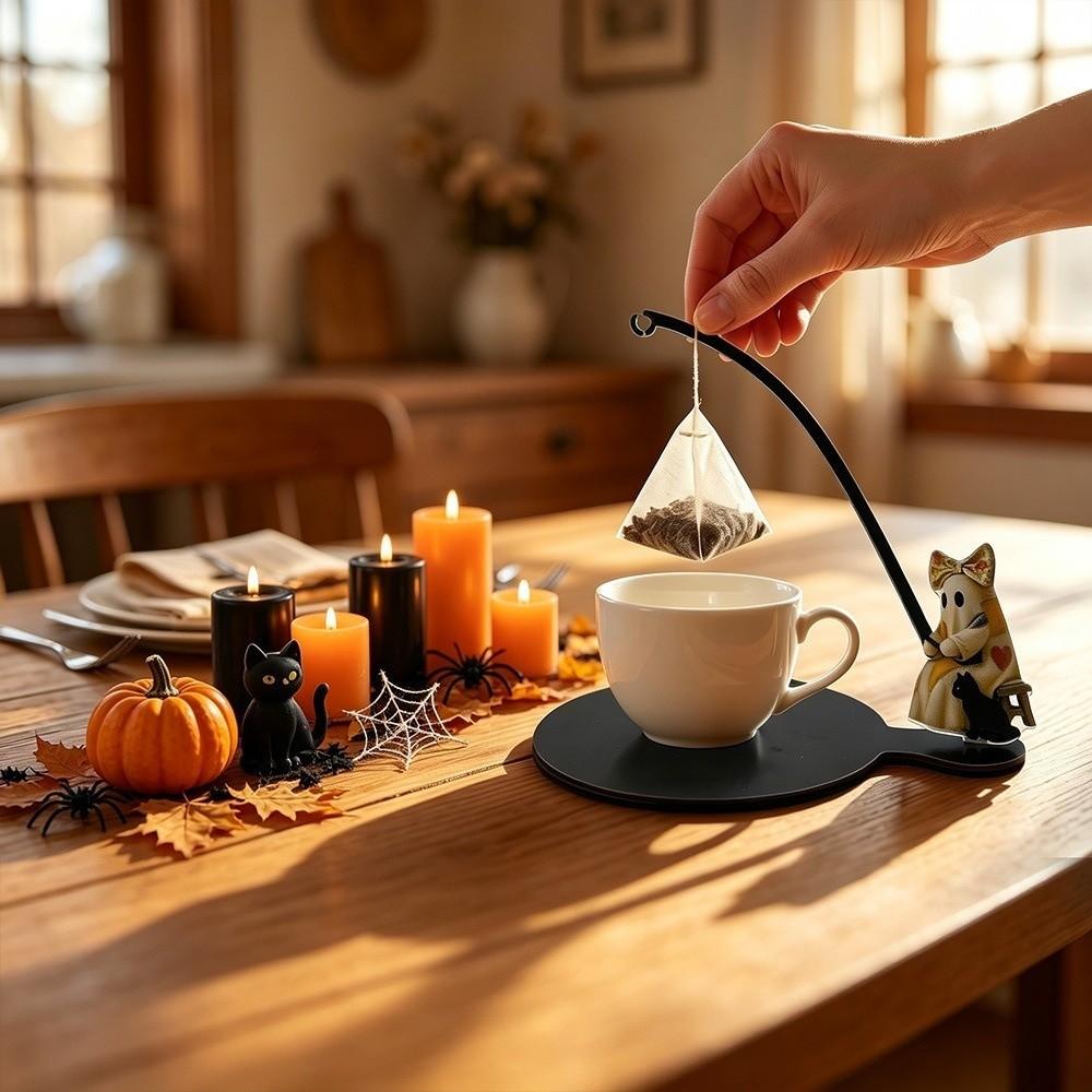 Fishing Ghost Tea Coaster Set Wooden Tea Bag Hanger Ornaments Tea Bag Stand  Holiday Party
