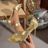 Модные женские сандалии Сексуальные женские сандалии из кожи с тиснением под крокодила 2025 Новые с открытым носком На крестообразных ремешках на высоком каблуке Туфли для платья и вечеринки Женские
