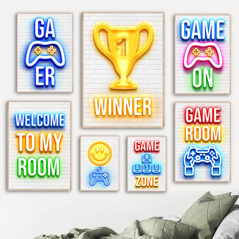 Игровые неоновые белые постеры, холст, картина, видеоигра, настенная художественная картина для игровой комнаты, геймера, мальчика, спальни, домашний декор, без светодиода