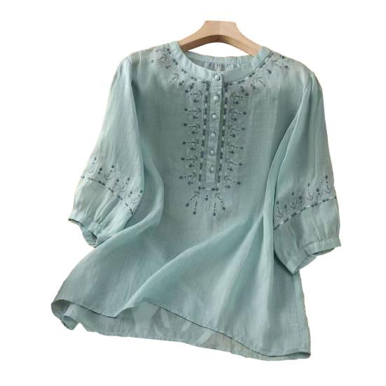 Women Shirt Retro Style Embroidery Flower Pattern Pullover Tops Round Neck 3/4 Sleeve Summer Casual Blouse
