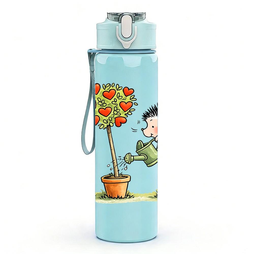 1PC Hedgehog Garden Plant Cartoon Print 750ml Color Plastic Sports Water Bottle Leakproof Flip Straw Lid Suitable for Sports Office Home Use