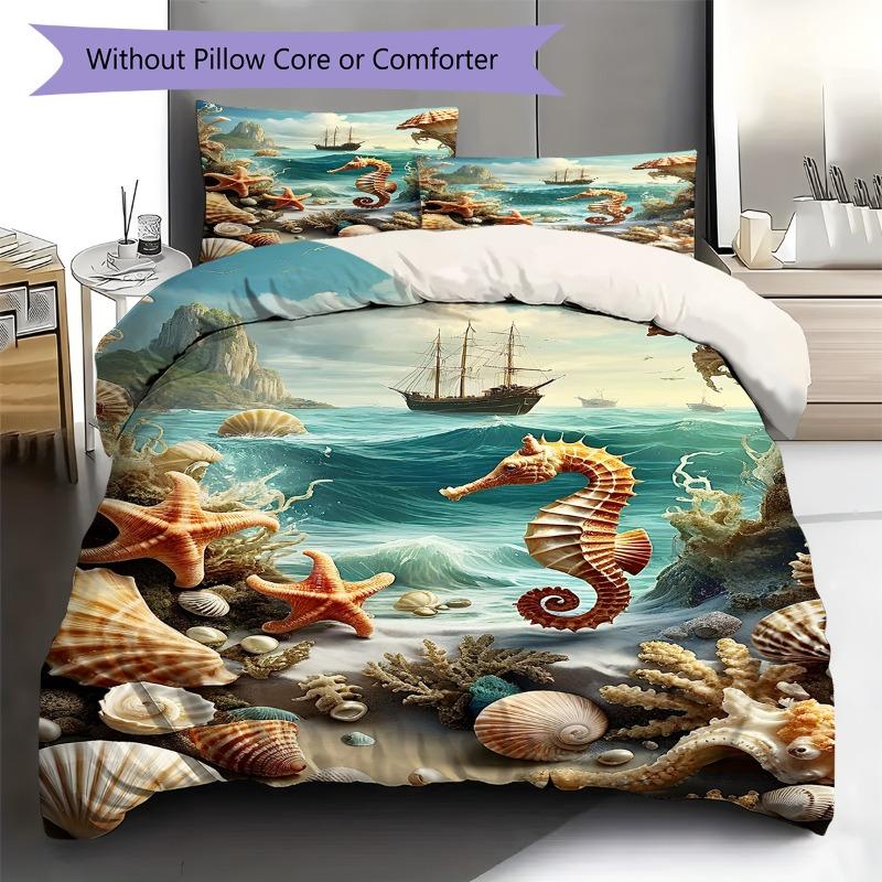 Seahorse Starfish Seashell Ocean Sailboat Print 3 Pieces Duvet Cover Set Sea Animal Bedding Bedroom Home Decor Without Pillow Core Comforter