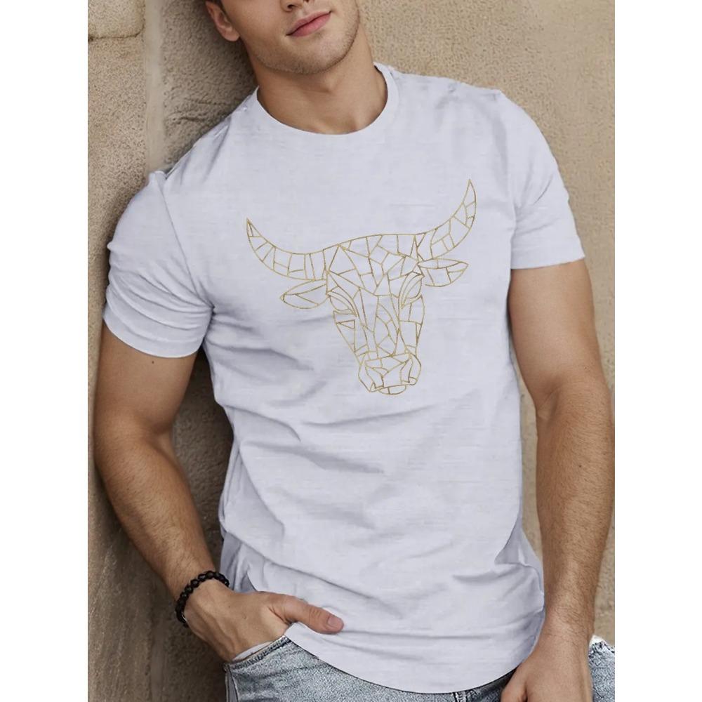 Европейские размеры Мужская повседневная футболка с круглым вырезом с геометрическим дизайном бычьей головы, легкая эластичность, стандартный крой, летний топ