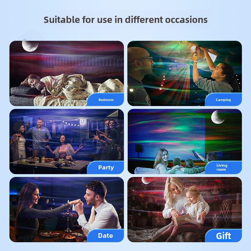 Проектор звездного неба с Bluetooth-подсветкой «Северное сияние»: Вращающаяся USB-лампа с музыкой и дистанционным управлением для создания атмосферы в помещении.