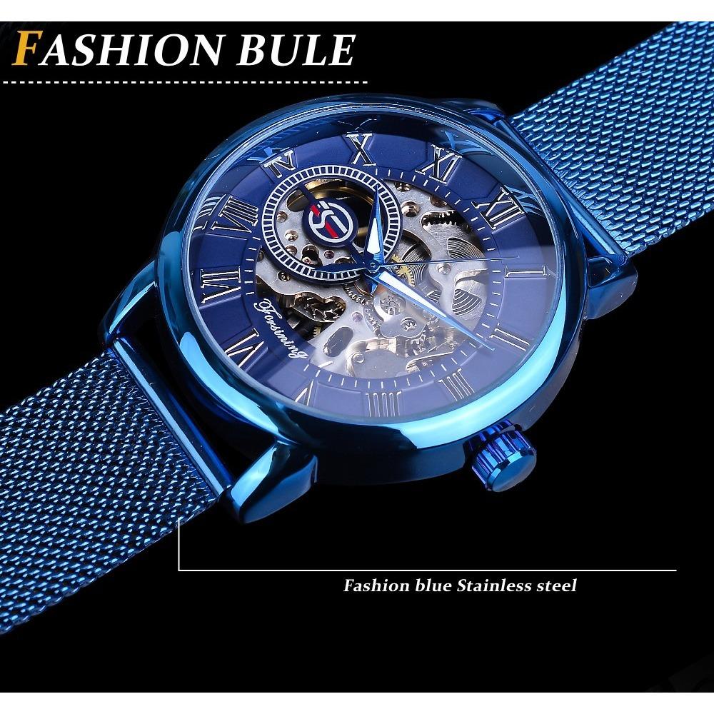 Forsining Часы мужские модные повседневные классические популярные механические часы с синим сетчатым ремнем GMT1140-11-W