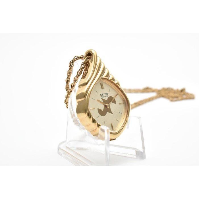 Used SEIKO Seiko 2320-5940 Quartz Pendant Watch Gold Color Gold Dial With Chain Vintage Locket Watch Working Condition