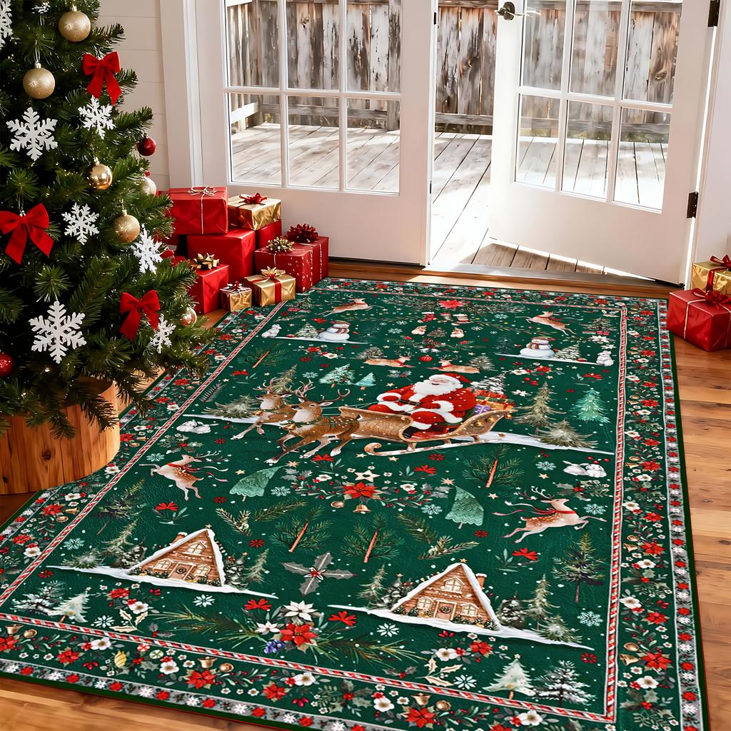 Green Santa Sleigh Area Rug Winter Cabin Printed Carpet for Living Room Reception Parlor Floor Protector Cushion Mat