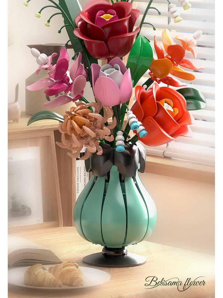 Building Block Flower Bouquet - Decorative Simulated Floral Gift for Girls