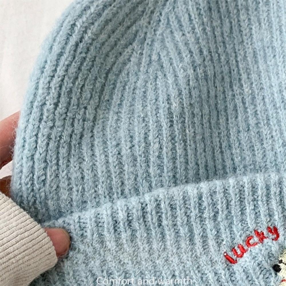 Cute Puppy Embroidery Winter Knitted Hat Thicken Winter Warm Beanie Cap Windproof Soft Crochet Bonnet Hat