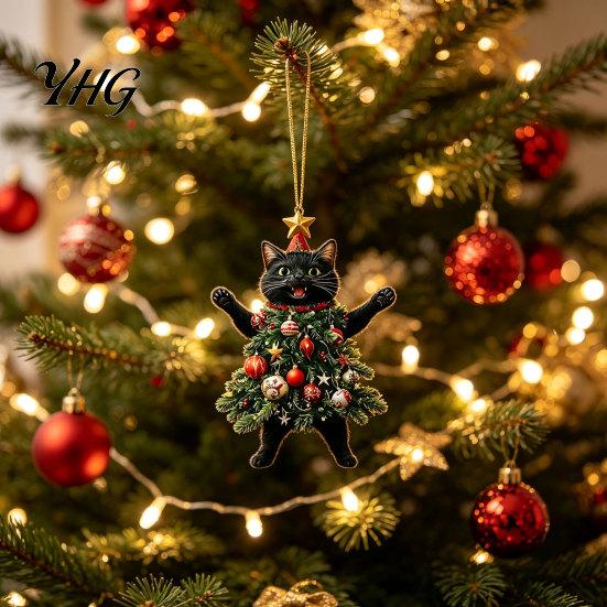 Cute Animal Tree Decor 2Pcs Christmas Cat Acrylic Ornament, 2D Flat Kitty Hanging Pendant with Indoor Holiday Ornaments Santa Hat Decor, Car Rearview
