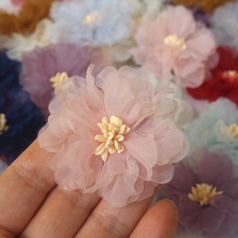 10 шт. 5 см плиссированные цветы из шифоновой ткани с сердцевиной для DIY аксессуаров для волос, шляп, повязки на голову, украшения свадебного платья