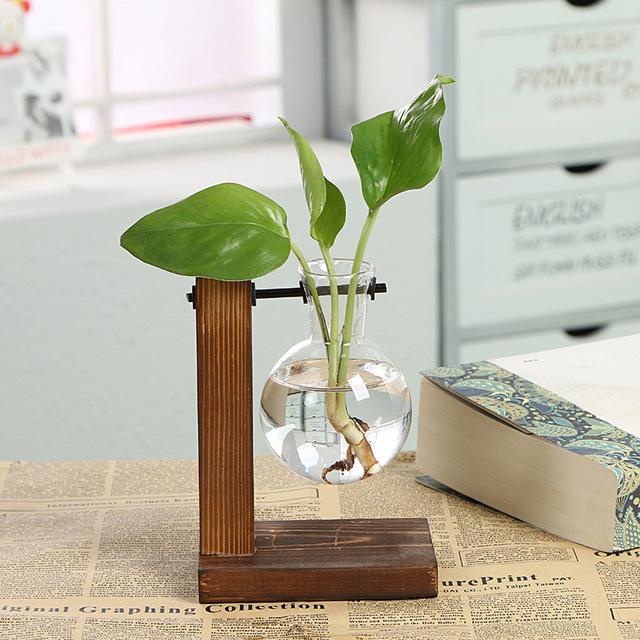 Hydroponic Plants Glass Vase Retro Pot Flower Arrangement Container Wood Frame Glass Desktop Bonsai Decoration Creative Log Style