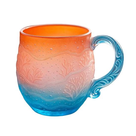 Yousheng Sea Glass Sunset Mug Thickened Glass with Wave Texture Gradient Color Water Cup Non-Slip Handle Glassware for Coffee Juice Iced Drinks