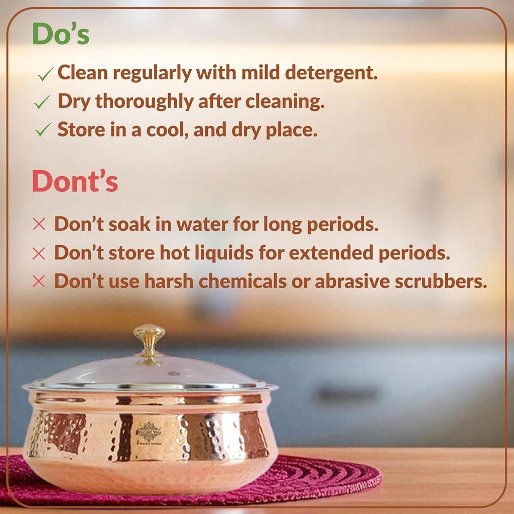 Steel Copper Serving Handi with Glass Lid 1400 ML - Serving Dishes Chicken Briyani Vegetables Home Hotel Restaurant Tableware Dishware