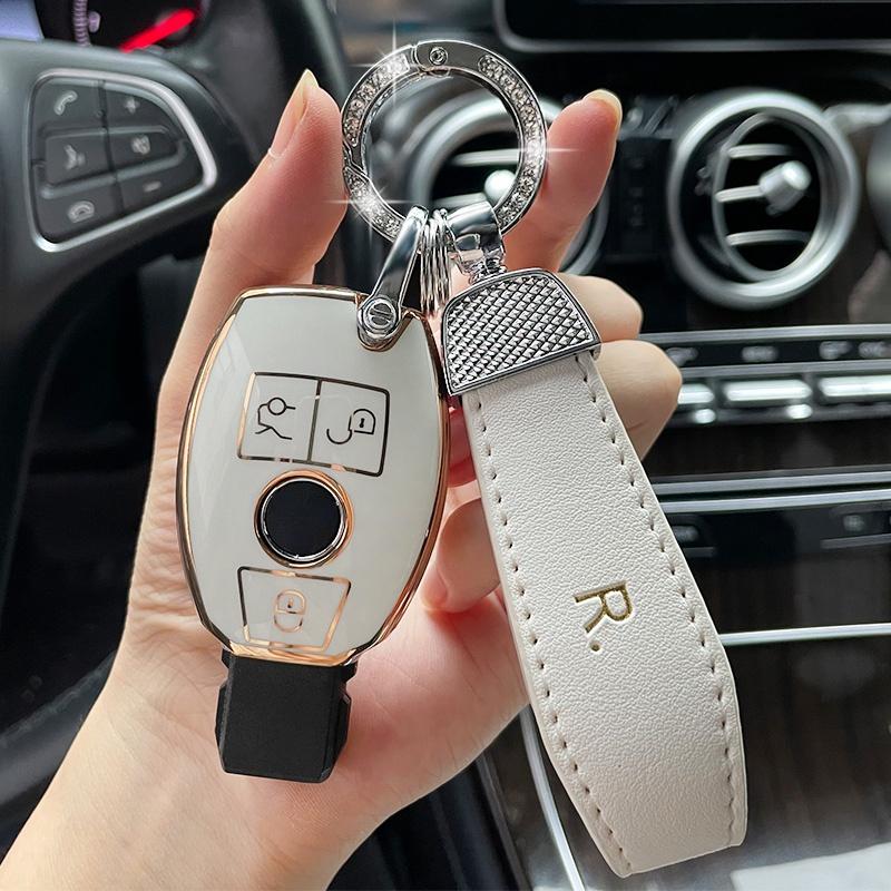 Leather Keychain Strap Shiny TPU Car Key Case Cover for Mercedes Benz C Class W204 GLC260 C200 The CIA GLA W205 W212 C S E Class