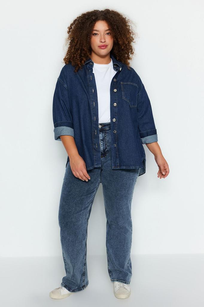 Женский стиль, большие размеры, голубая джинсовая рубашка оверсайз