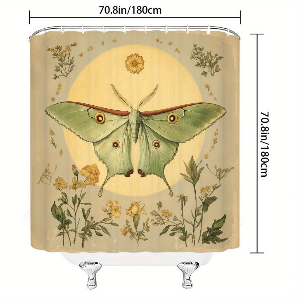 Vintage Botanical Moth Shower Curtain - Pale Green Moth with Red & Orange Patterns, Daisies & Marigolds, Earthy Tones